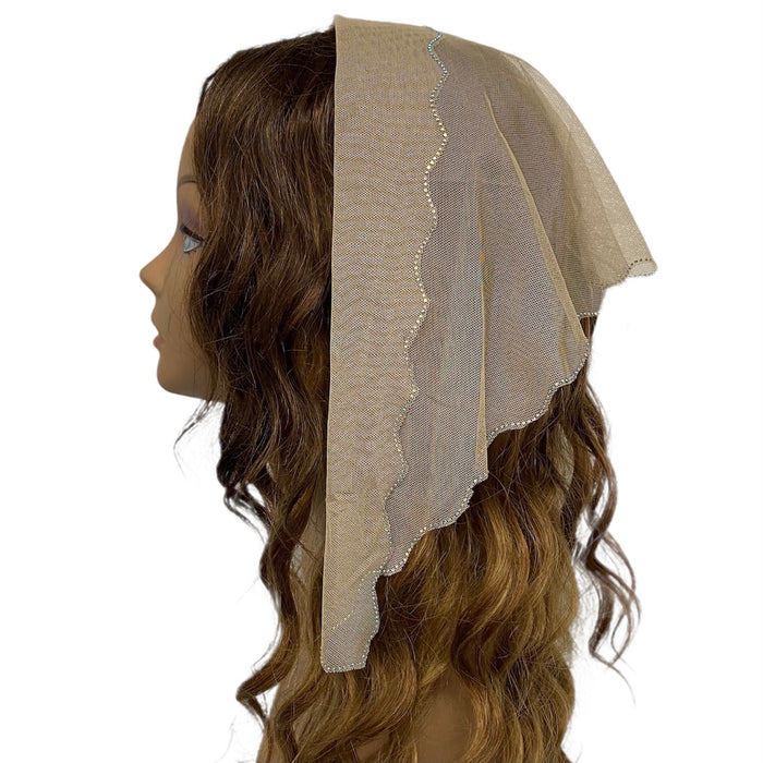 77-04 Solid Lace Half Circle | Rhinestones Trim | Scalloped Edge | Light beige with silver