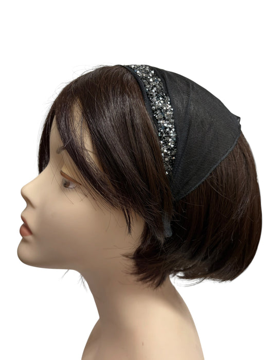 #5 Headband Net Scarf Rhinestones Border Applique-Black/silver