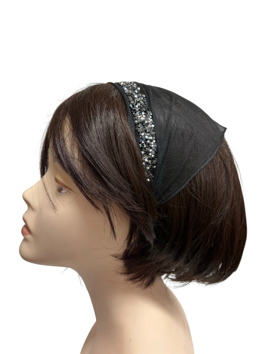 #5 Headband Net Scarf Rhinestones Border Applique-Black/silver