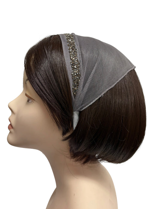 #5 Headband Net Scarf Rhinestones Border Applique-Grey