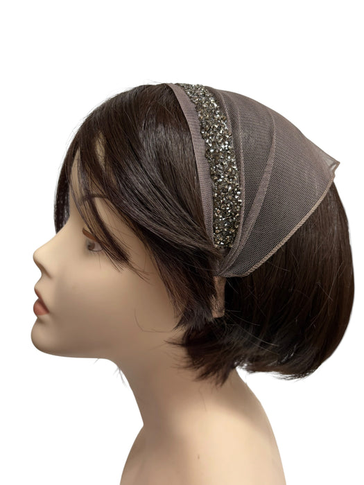 #5 Headband Net Scarf Rhinestones Border Applique-Taupe