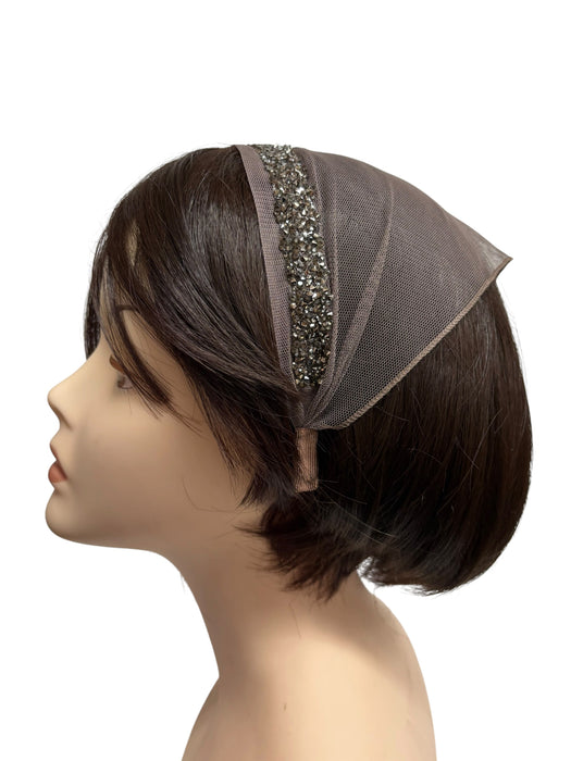 #5 Headband Net Scarf Rhinestones Border Applique-Taupe