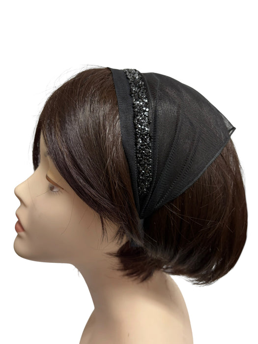 #5 Headband Net Scarf Rhinestones Border Applique-Black/black