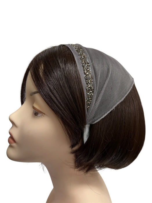#5 Headband Net Scarf Rhinestones Border Applique-Grey