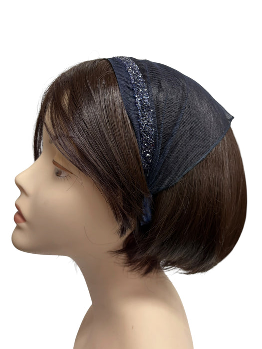 #5 Headband Net Scarf Rhinestones Border Applique-Navy Blue