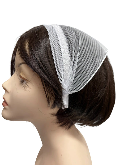 #5 Headband Net Scarf Rhinestones Border Applique-White