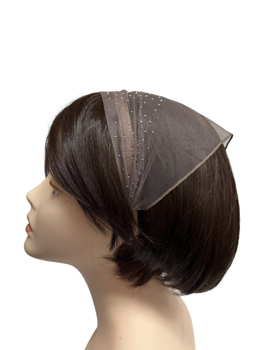 #5 Headband Net Scarf Scattered Rhinestones Applique-Taupe