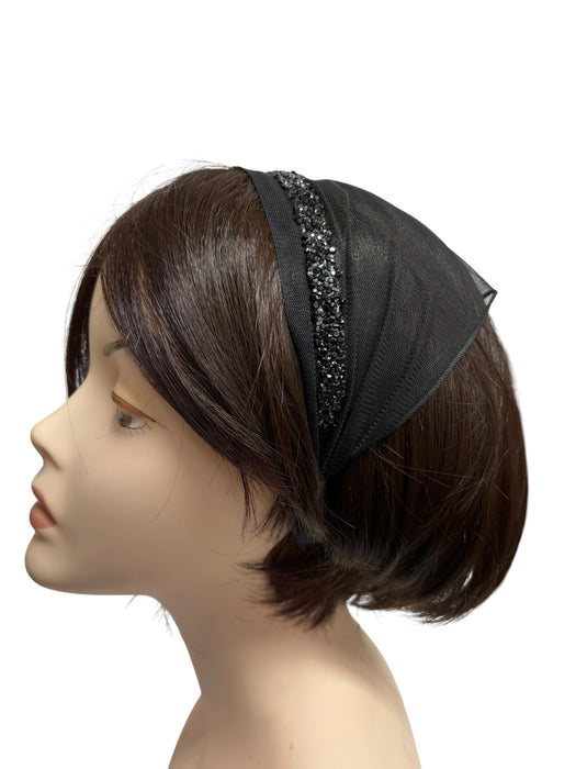 #5 Headband Net Scarf Rhinestones Border Applique-Black/black