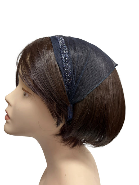 #5 Headband Net Scarf Rhinestones Border Applique-Navy Blue