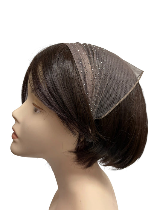 #5 Headband Net Scarf Scattered Rhinestones Applique-Taupe