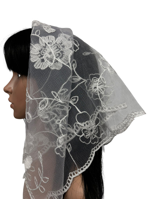 New Large Nylon Floral Embroidered Scarf-White(Chamomile)