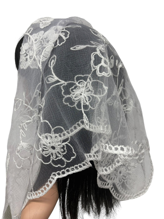 New Large Nylon Floral Embroidered Scarf-White(Chamomile)
