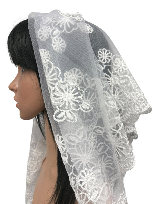 New Large Nylon Floral Embroidered Scarf-White(Daisy)