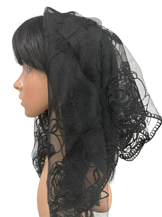 New Large Nylon Floral Embroidered Scarf-Black