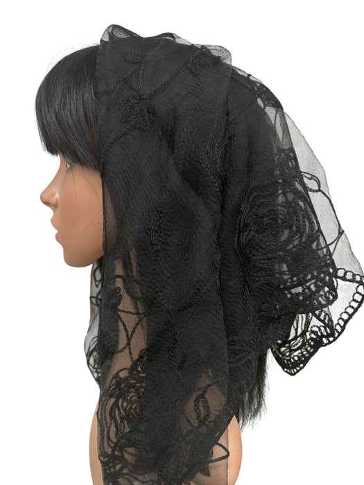 New Large Nylon Floral Embroidered Scarf-Black