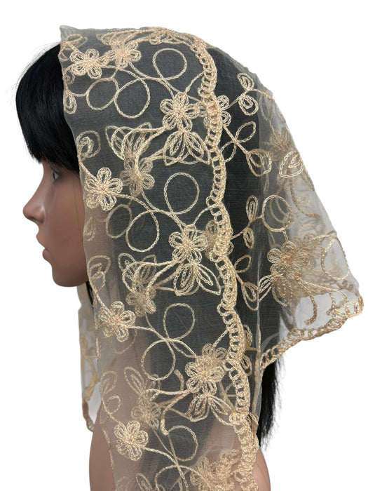 New Large Triangle Nylon Floral Embroidered Scarf-Cream