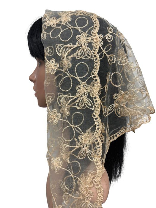 New Large Triangle Nylon Floral Embroidered Scarf-Cream