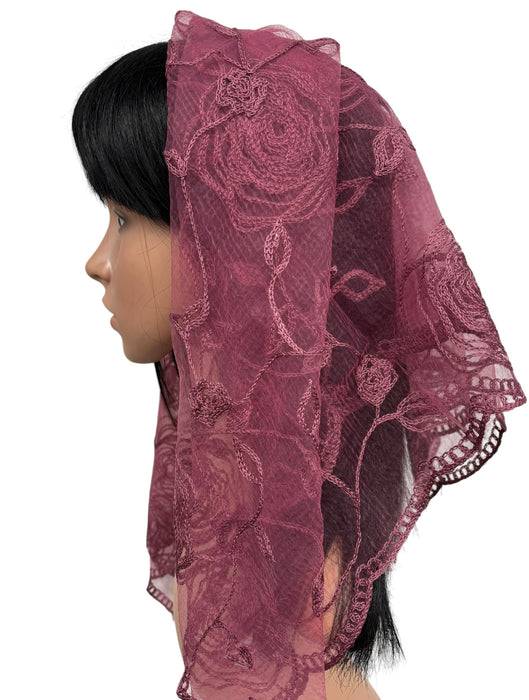 New Large Nylon Floral Embroidered Scarf-Raspberry
