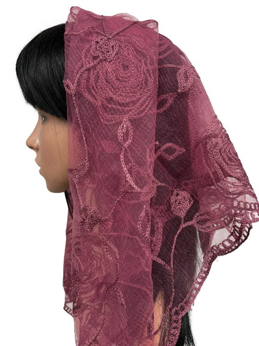 New Large Nylon Floral Embroidered Scarf-Raspberry