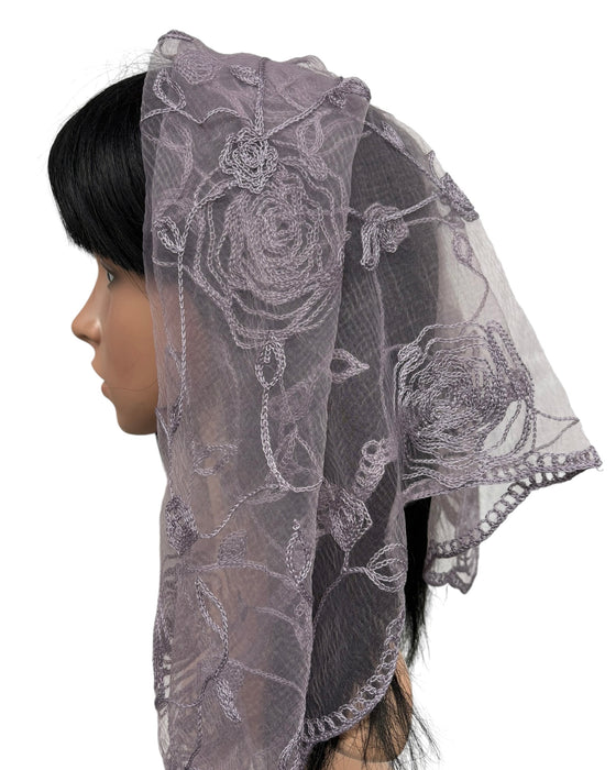 New Large Nylon Floral Embroidered Scarf-Mauve