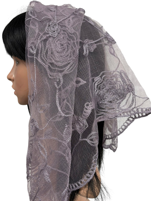 New Large Nylon Floral Embroidered Scarf-Mauve