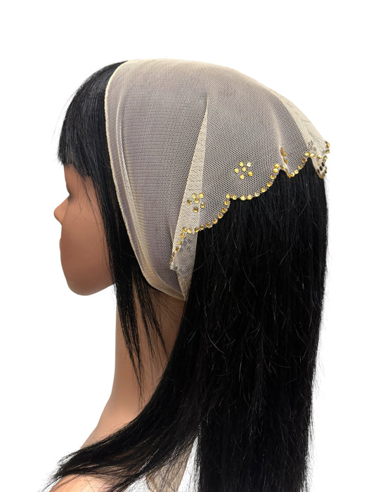#2 | Long Net Triangle | Scalloped Rhinestone Edges & Flowers | Cream