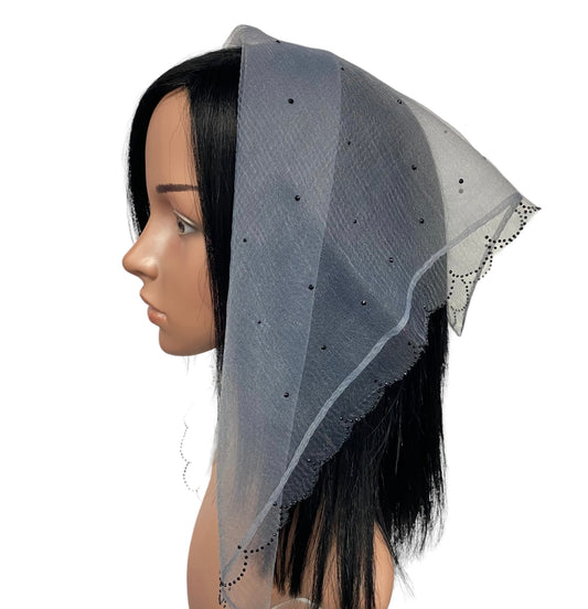 New | Nylon Square | Scalloped Edges & Light Scattered Rhinestone | Blue Grey/Black
