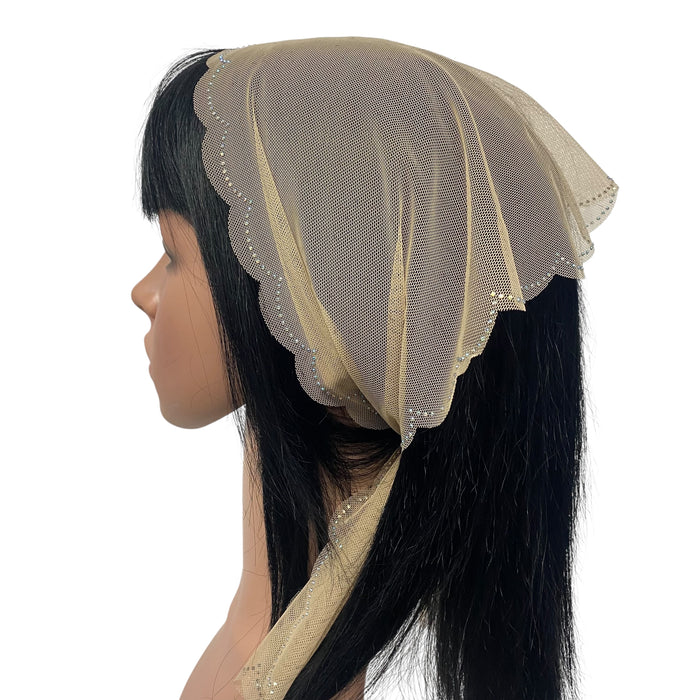 Long Triangle | Scallop Rhinestone Border | Beige