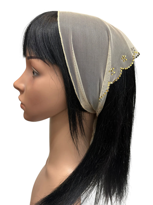 #2 | Long Net Triangle | Scalloped Rhinestone Edges & Flowers | Cream