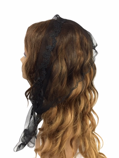 56-02  Long  | Net Lace | Double Scalloped/Floral Trim | Black
