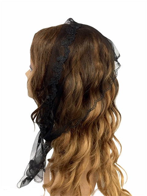 56-02  Long  | Net Lace | Double Scalloped/Floral Trim | Black