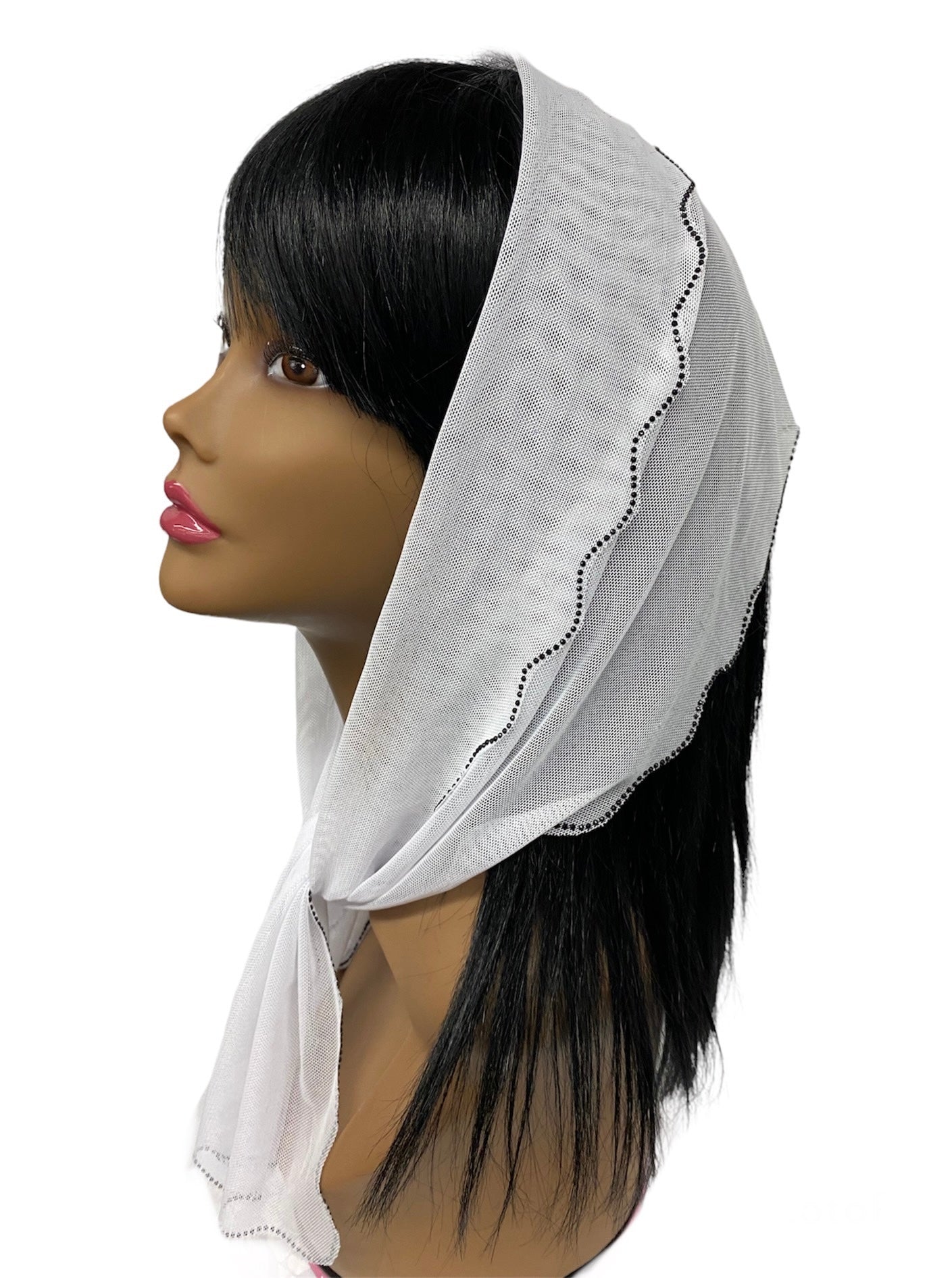 86-03 New Long Net Scalloped Rhinestones Trim-White/Black