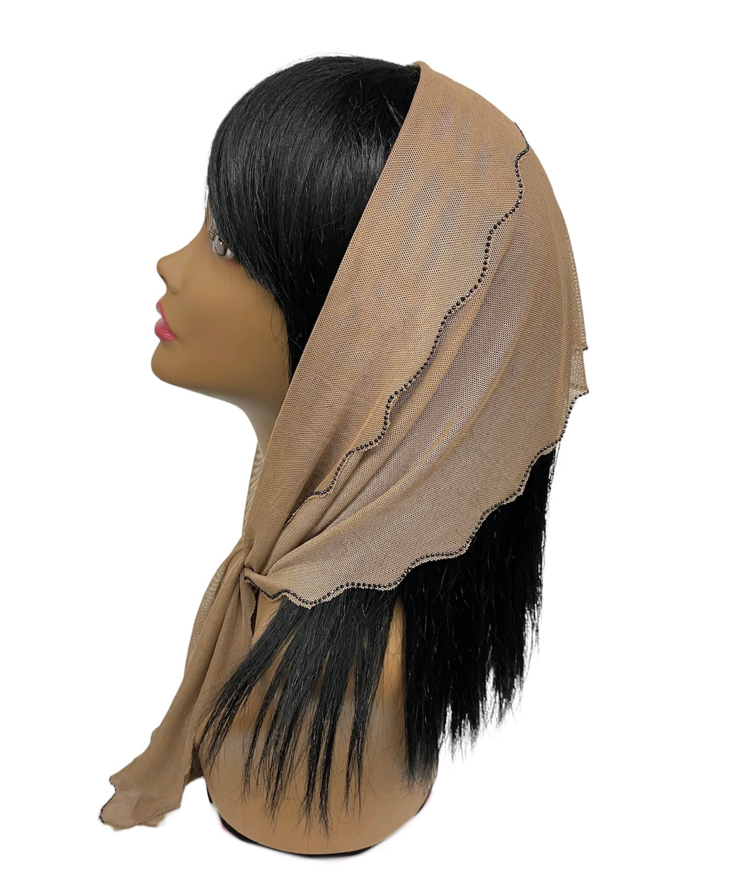 85-133 New  Long  Net Scallop Rhinestones Trim-Beige/Black