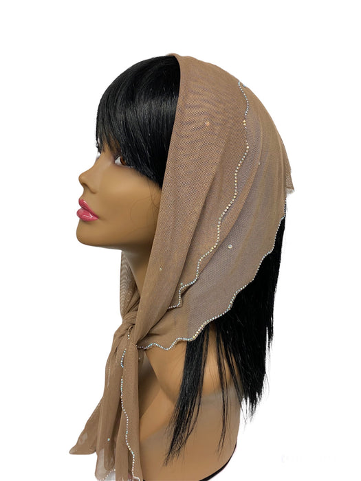 86-132 | New long Soft Net | Scattered & Scallop Rhinestones Trim | Beige/Silver