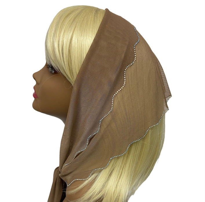 85-132 New Long Net Scallop Rhinestones Trim-Beige/Silver