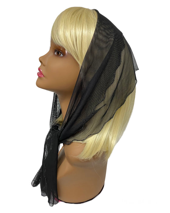 85-02 New Long Net Scallop Rhinestones Trim-Black/Black