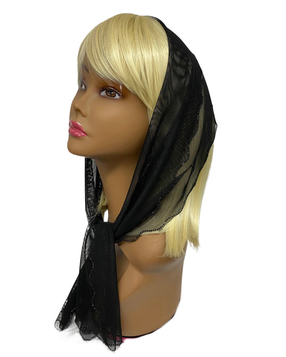 85-02 New Long Net Scallop Rhinestones Trim-Black/Black