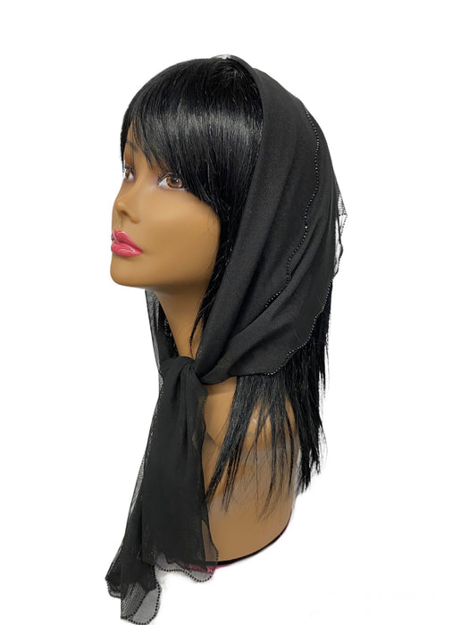 85-02 New Long Net Scallop Rhinestones Trim-Black/Black