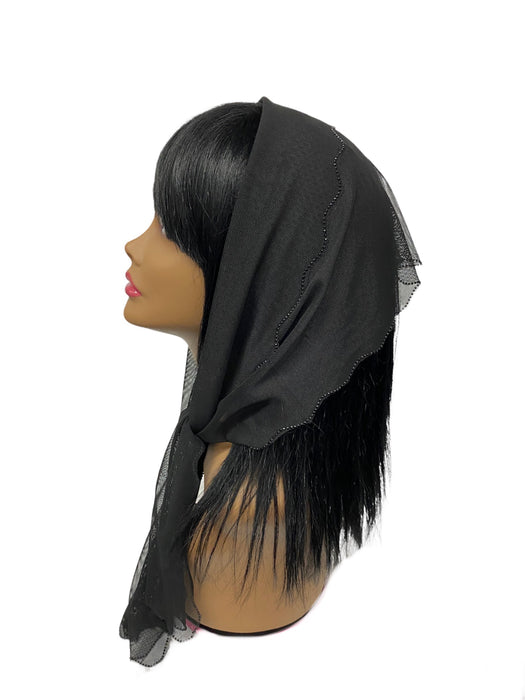 85-02 New Long Net Scallop Rhinestones Trim-Black/Black