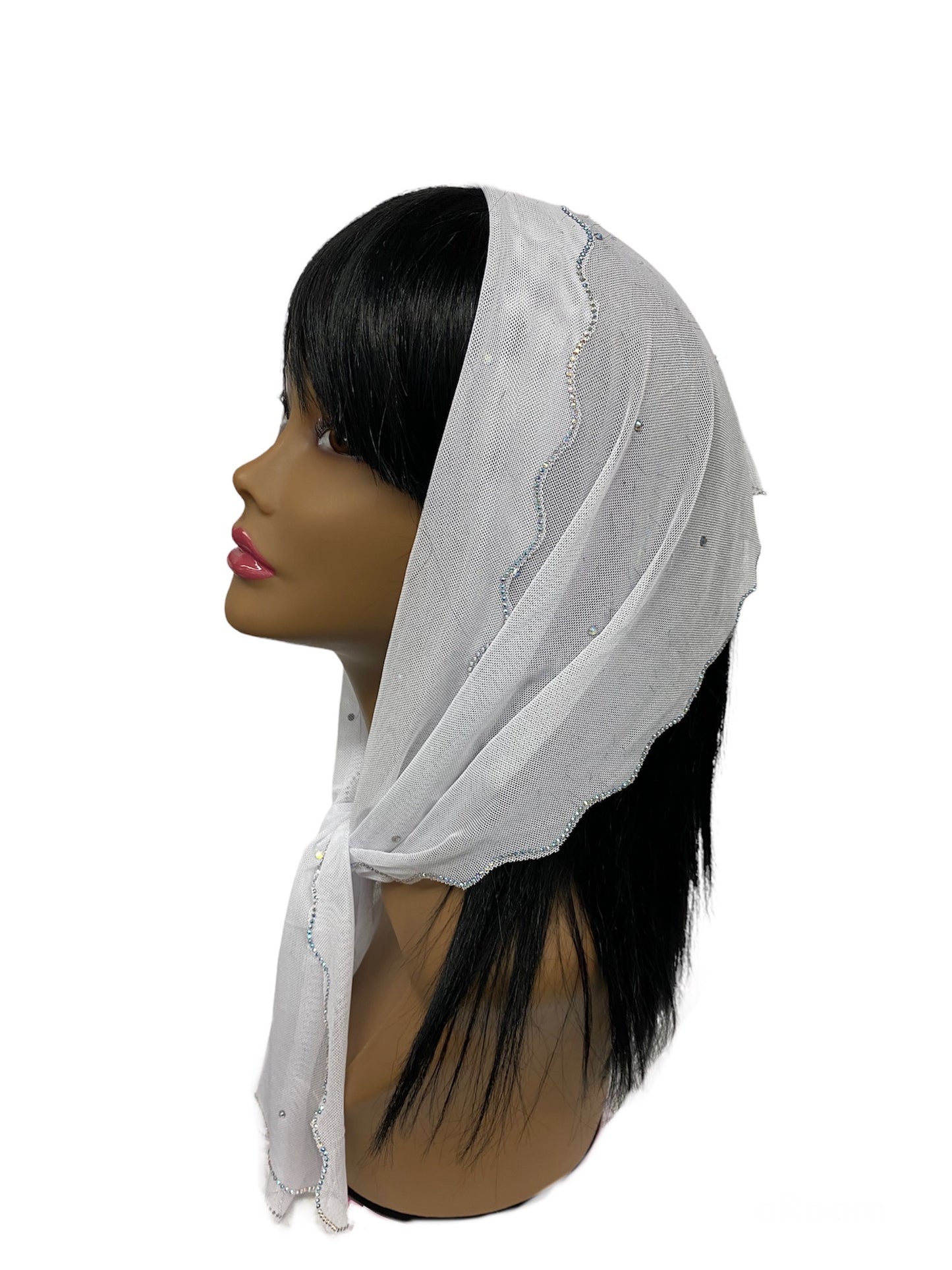 86-01 | New long Soft Net | Scattered & Scallop Rhinestones Trim | White/Silver