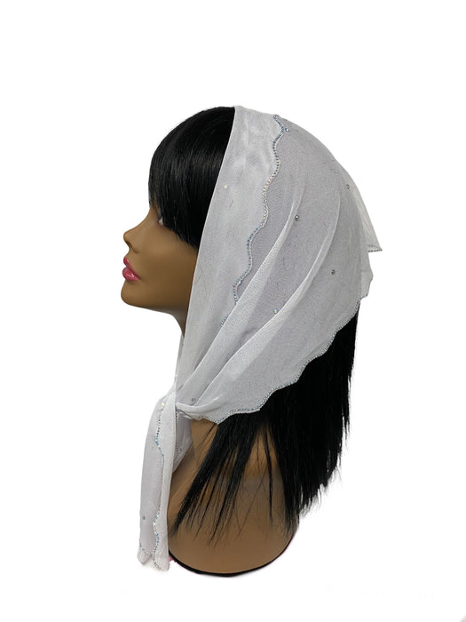 86-01 | New long Soft Net | Scattered & Scallop Rhinestones Trim | White/Silver