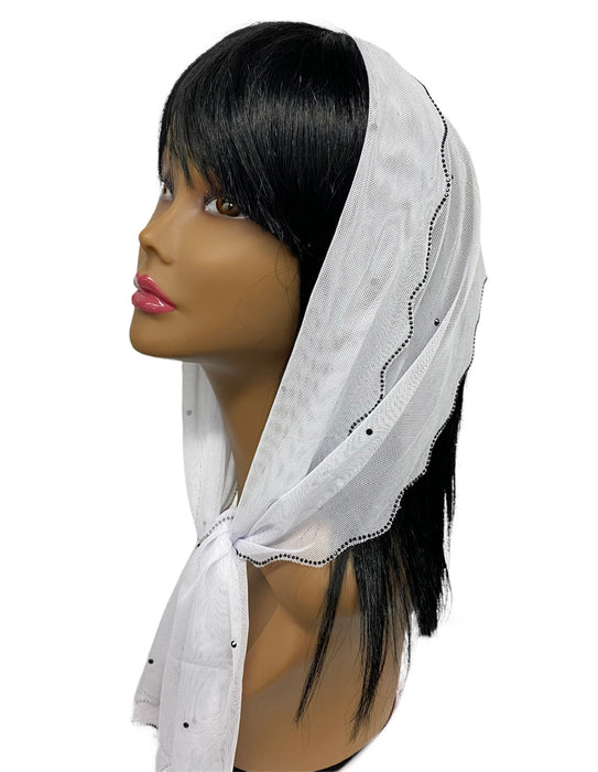 86-03 | New Long Soft Net | Scattered & Scallop Rhinestones Trim | White/Black