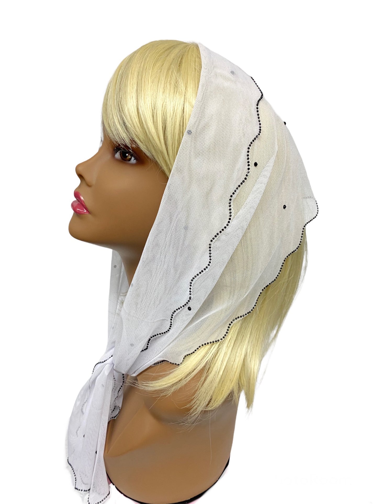 86-03 | New Long Soft Net | Scattered & Scallop Rhinestones Trim | White/Black