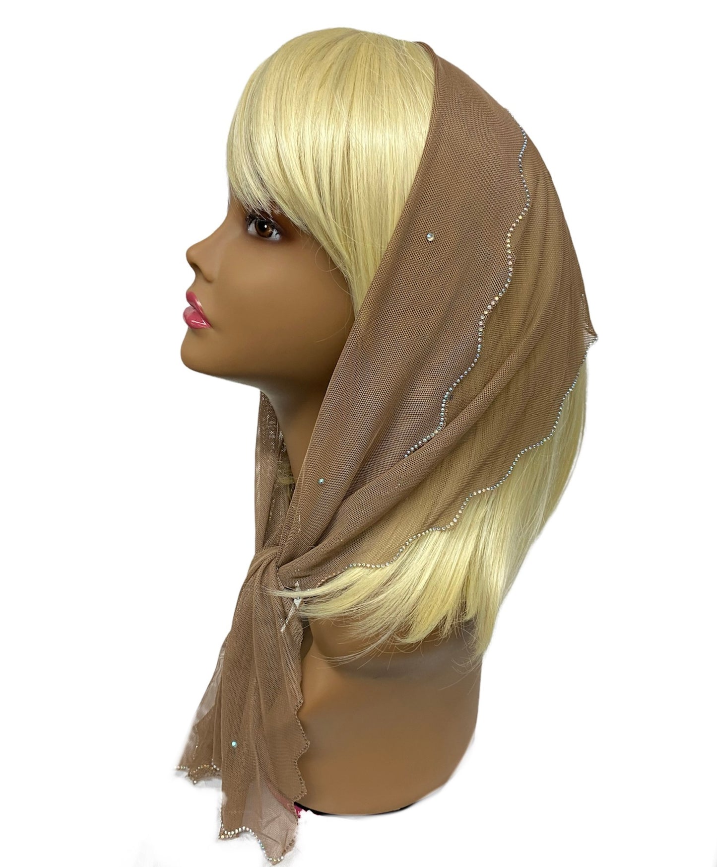 86-132 | New long Soft Net | Scattered & Scallop Rhinestones Trim | Beige/Silver