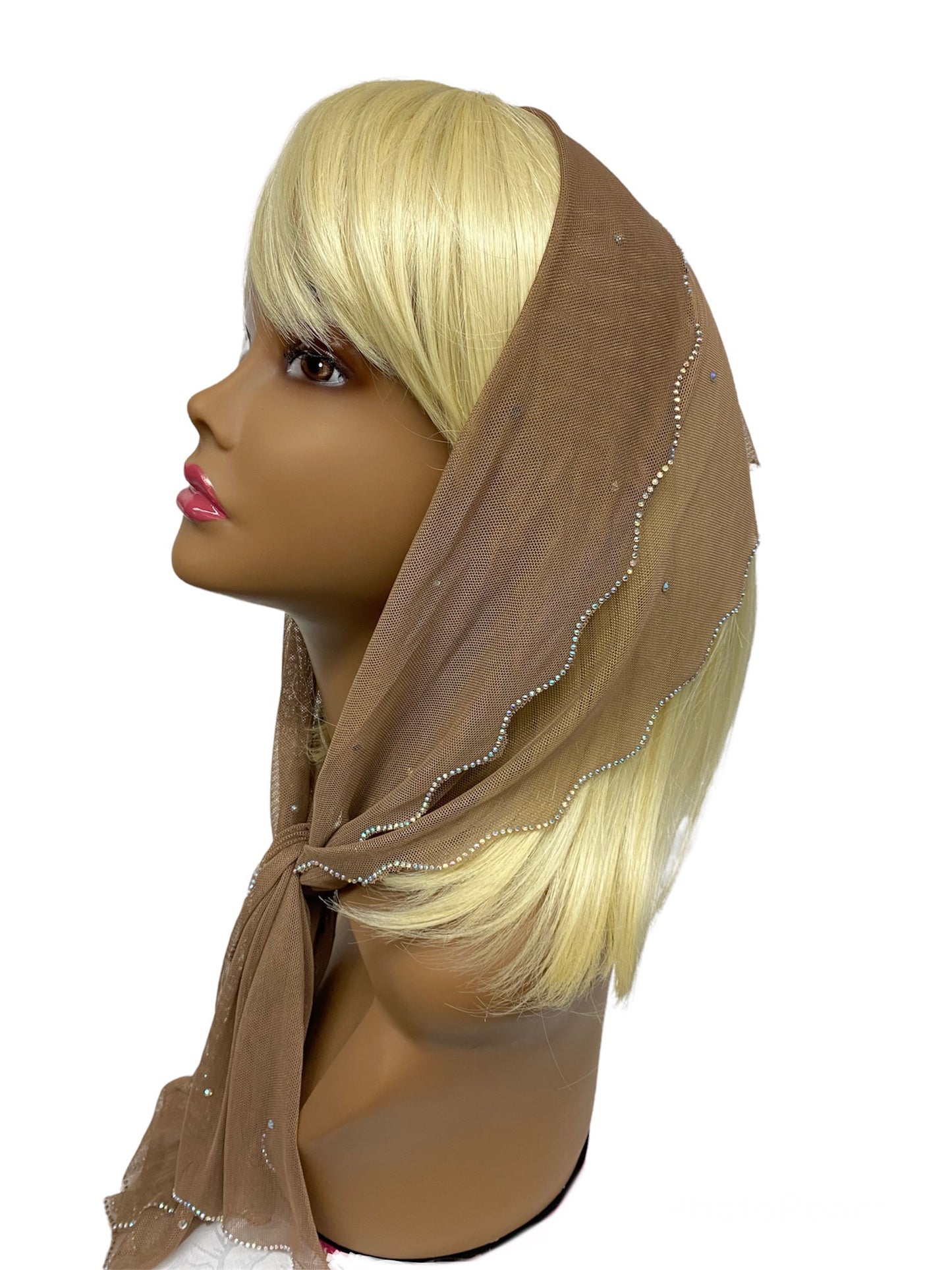 86-132 | New long Soft Net | Scattered & Scallop Rhinestones Trim | Beige/Silver