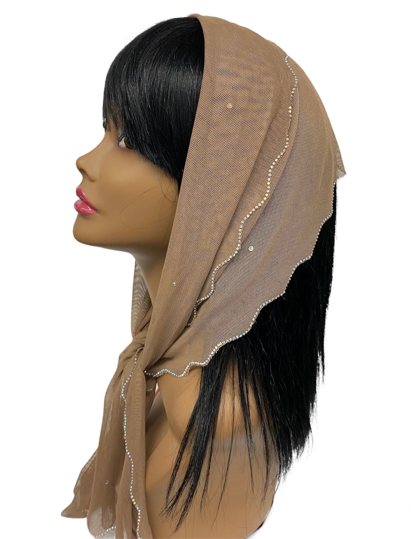 86-132 | New long Soft Net | Scattered & Scallop Rhinestones Trim | Beige/Silver