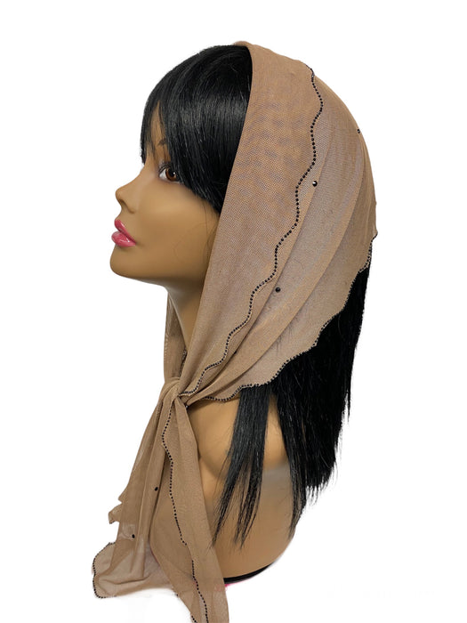 86-133 | New long Soft Net | Scattered & Scallop Rhinestones Trim | Beige/Black