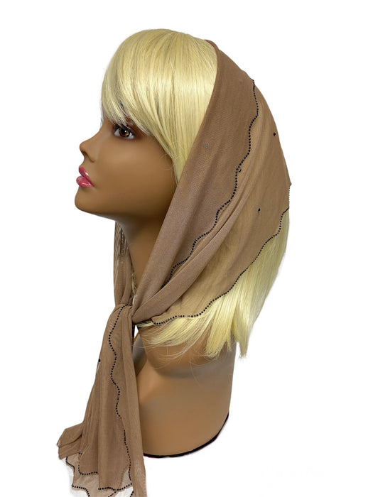 86-133 | New long Soft Net | Scattered & Scallop Rhinestones Trim | Beige/Black