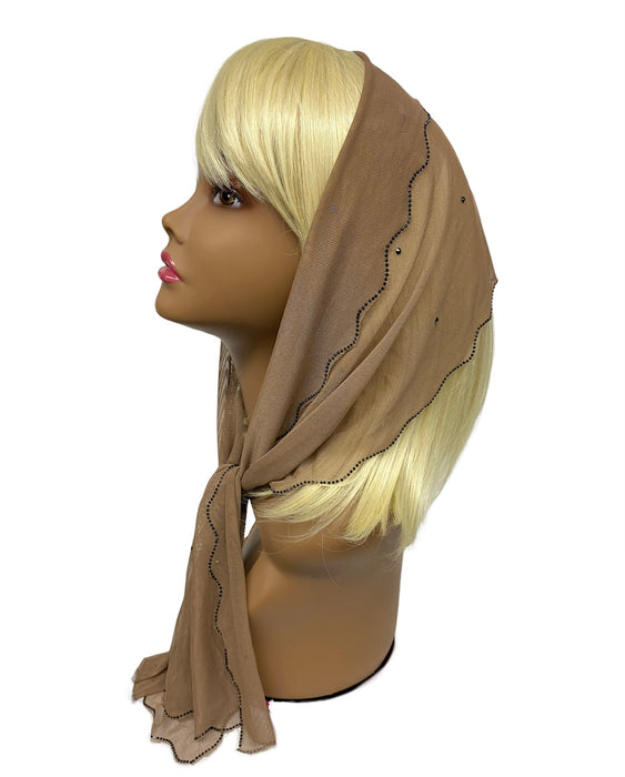 86-133 | New long Soft Net | Scattered & Scallop Rhinestones Trim | Beige/Black
