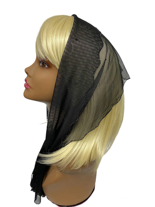 86-02 | New long Soft Net | Scattered & Scallop Rhinestones Trim | Black/Black